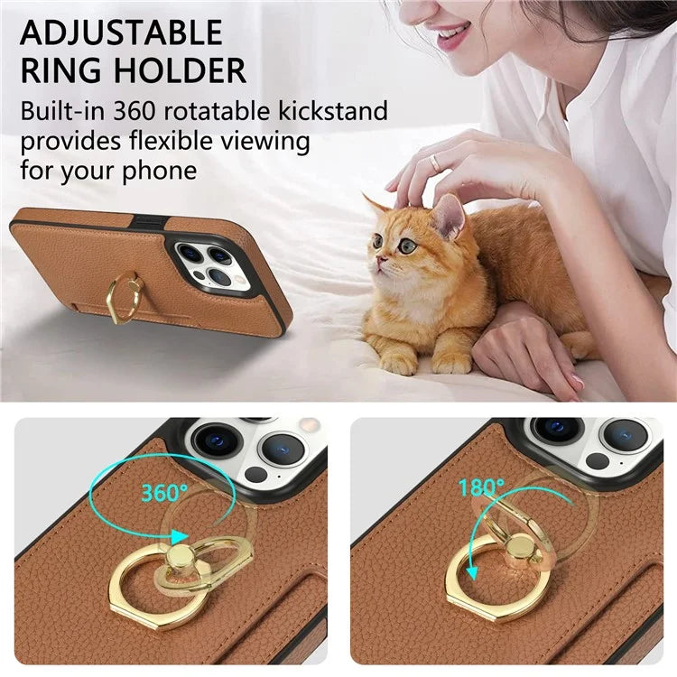 For iPhone 16 Pro Max Kickstand Case PU+TPU Card Holder Phone Cover