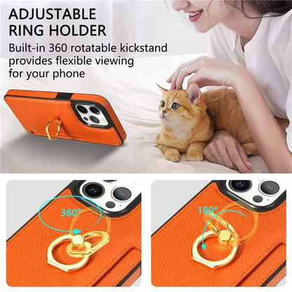 For iPhone 16 Pro Max Kickstand Case PU+TPU Card Holder Phone Cover