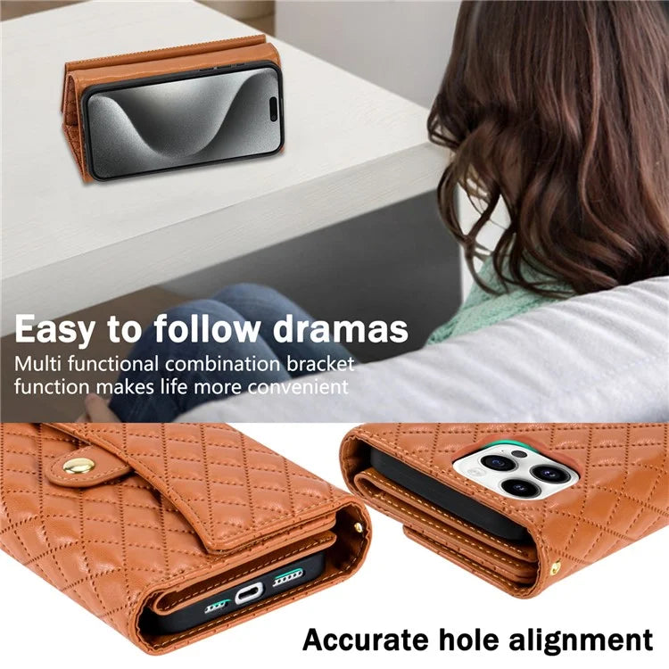 BKS-002 For iPhone 16 Pro Max Stand Case PU Leather Wallet Purse Phone Cover with Shoulder Strap