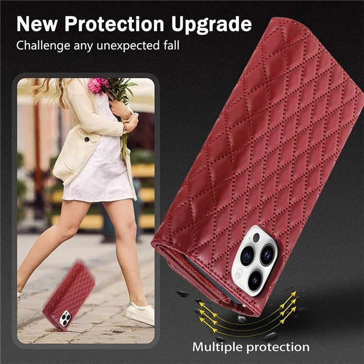 BKS-002 For iPhone 16 Pro Max Stand Case PU Leather Wallet Purse Phone Cover with Shoulder Strap