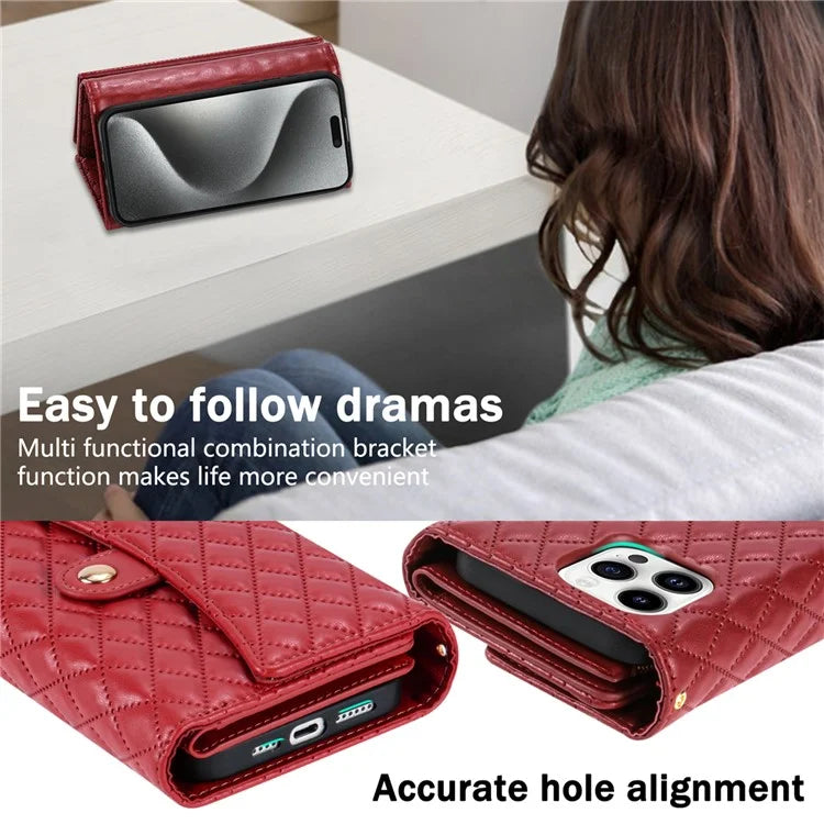 BKS-002 For iPhone 16 Pro Max Stand Case PU Leather Wallet Purse Phone Cover with Shoulder Strap