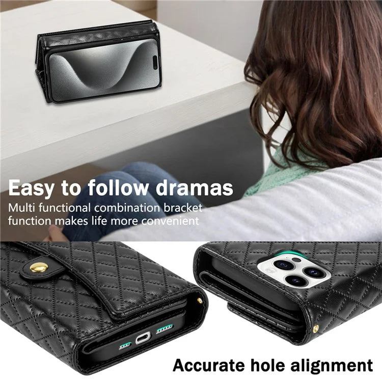 BKS-002 For iPhone 16 Pro Max Stand Case PU Leather Wallet Purse Phone Cover with Shoulder Strap