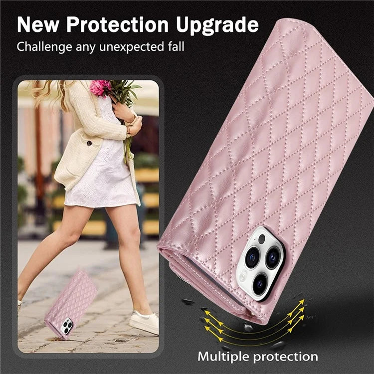 BKS-002 For iPhone 16 Pro Max Stand Case PU Leather Wallet Purse Phone Cover with Shoulder Strap