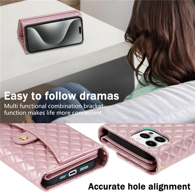 BKS-002 For iPhone 16 Pro Max Stand Case PU Leather Wallet Purse Phone Cover with Shoulder Strap