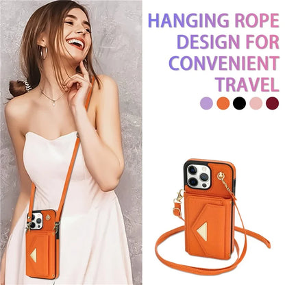 For iPhone 16 Pro Max Case Card Slots PU+TPU Cell Phone Cover with Long Strap