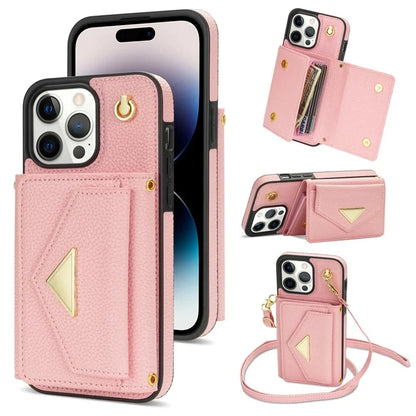 For iPhone 16 Pro Max Case Card Slots PU+TPU Cell Phone Cover with Long Strap