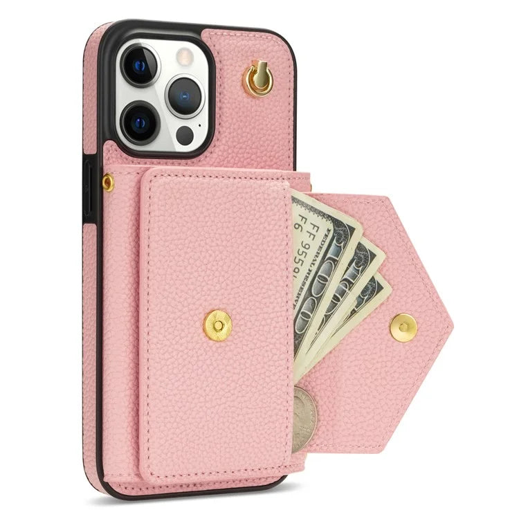For iPhone 16 Pro Max Case Card Slots PU+TPU Cell Phone Cover with Long Strap