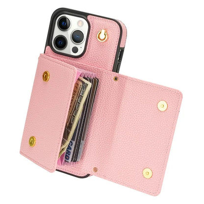 For iPhone 16 Pro Max Case Card Slots PU+TPU Cell Phone Cover with Long Strap