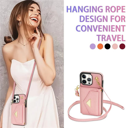 For iPhone 16 Pro Max Case Card Slots PU+TPU Cell Phone Cover with Long Strap