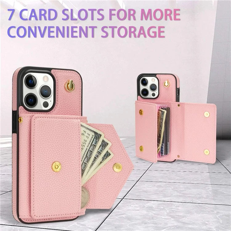 For iPhone 16 Pro Max Case Card Slots PU+TPU Cell Phone Cover with Long Strap