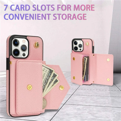 For iPhone 16 Pro Max Case Card Slots PU+TPU Cell Phone Cover with Long Strap