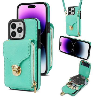 For iPhone 16 Pro Max Wallet Case Card Slots PU+TPU Phone Cover with Strap