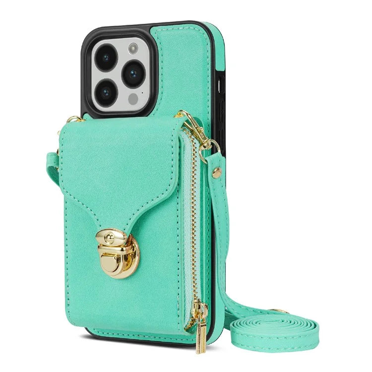 For iPhone 16 Pro Max Wallet Case Card Slots PU+TPU Phone Cover with Strap