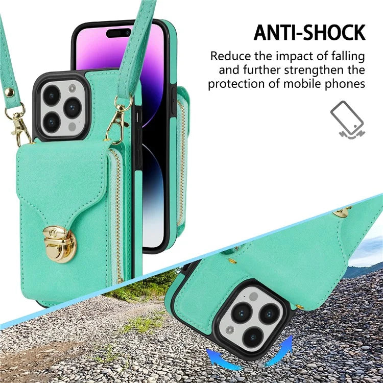 For iPhone 16 Pro Max Wallet Case Card Slots PU+TPU Phone Cover with Strap