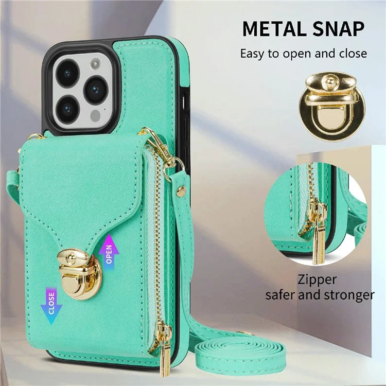 For iPhone 16 Pro Max Wallet Case Card Slots PU+TPU Phone Cover with Strap