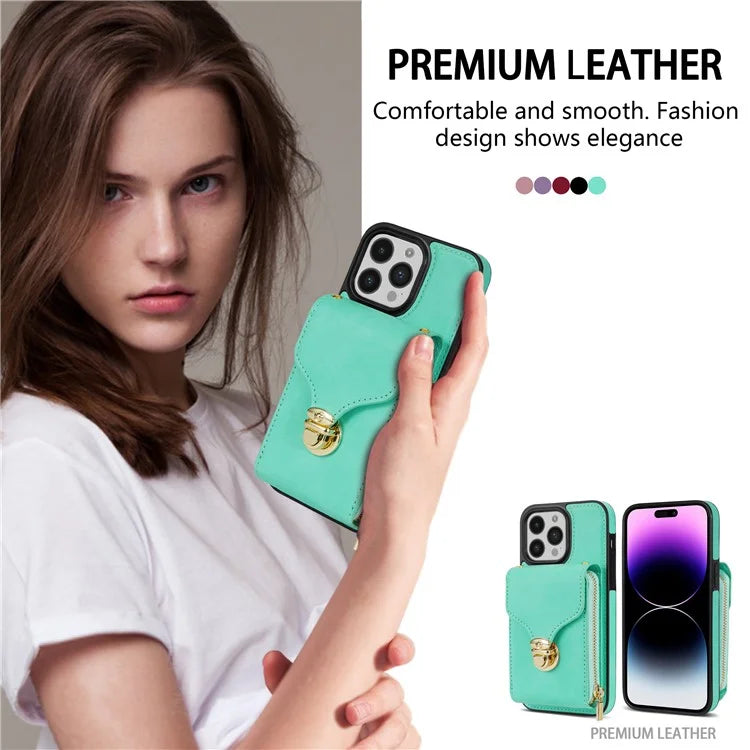 For iPhone 16 Pro Max Wallet Case Card Slots PU+TPU Phone Cover with Strap