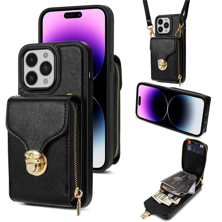 For iPhone 16 Pro Max Wallet Case Card Slots PU+TPU Phone Cover with Strap