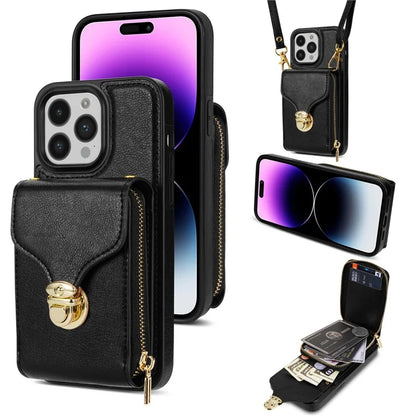 For iPhone 16 Pro Max Wallet Case Card Slots PU+TPU Phone Cover with Strap