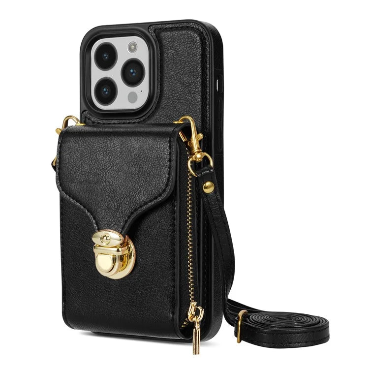 For iPhone 16 Pro Max Wallet Case Card Slots PU+TPU Phone Cover with Strap