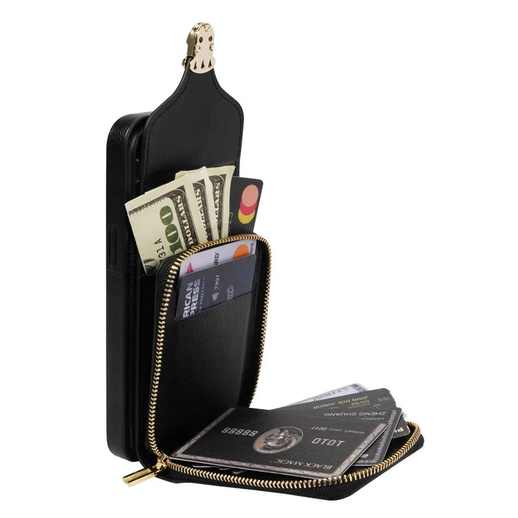 For iPhone 16 Pro Max Wallet Case Card Slots PU+TPU Phone Cover with Strap