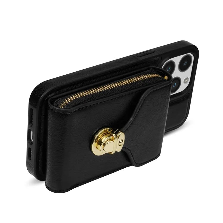 For iPhone 16 Pro Max Wallet Case Card Slots PU+TPU Phone Cover with Strap