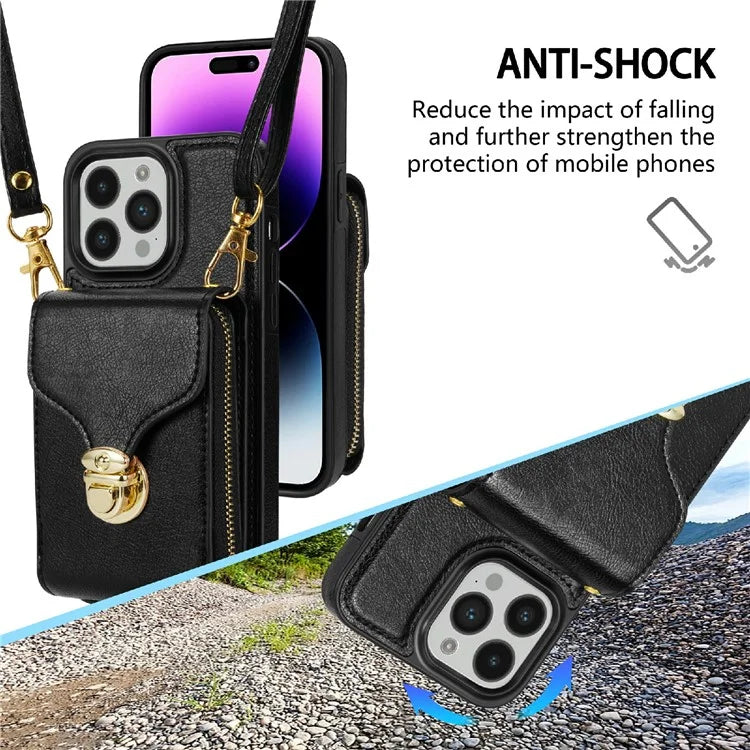 For iPhone 16 Pro Max Wallet Case Card Slots PU+TPU Phone Cover with Strap