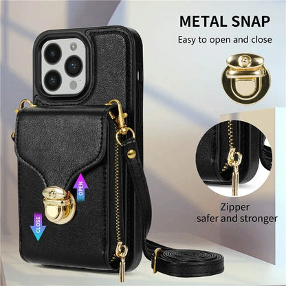 For iPhone 16 Pro Max Wallet Case Card Slots PU+TPU Phone Cover with Strap