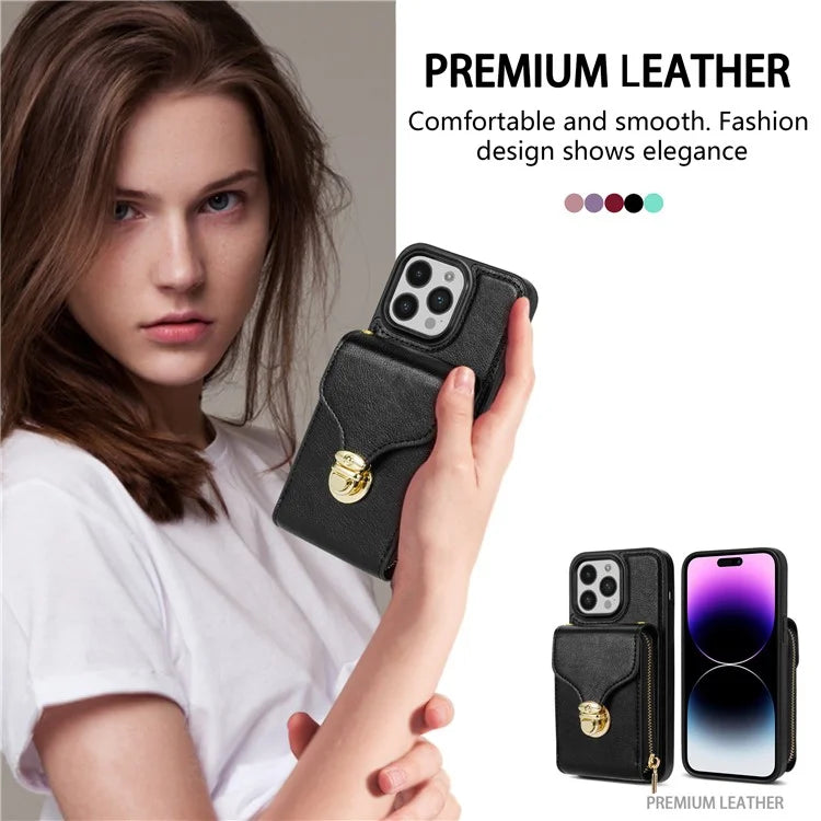 For iPhone 16 Pro Max Wallet Case Card Slots PU+TPU Phone Cover with Strap