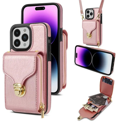 For iPhone 16 Pro Max Wallet Case Card Slots PU+TPU Phone Cover with Strap