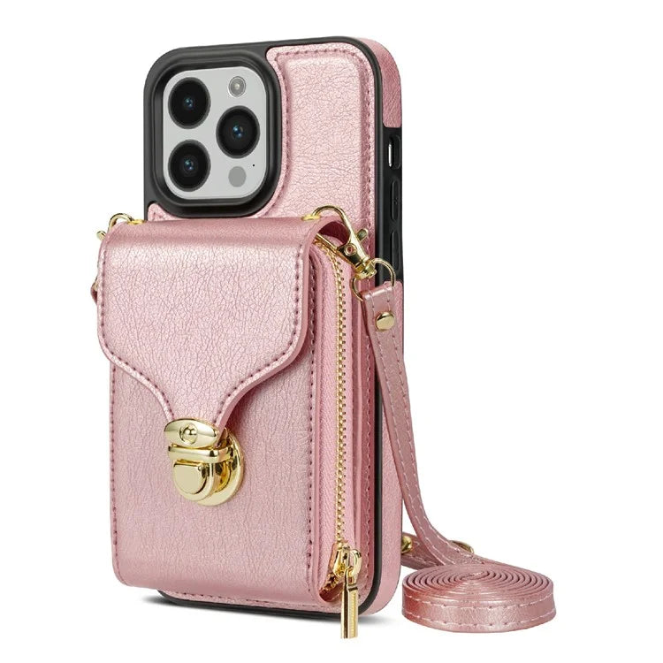 For iPhone 16 Pro Max Wallet Case Card Slots PU+TPU Phone Cover with Strap