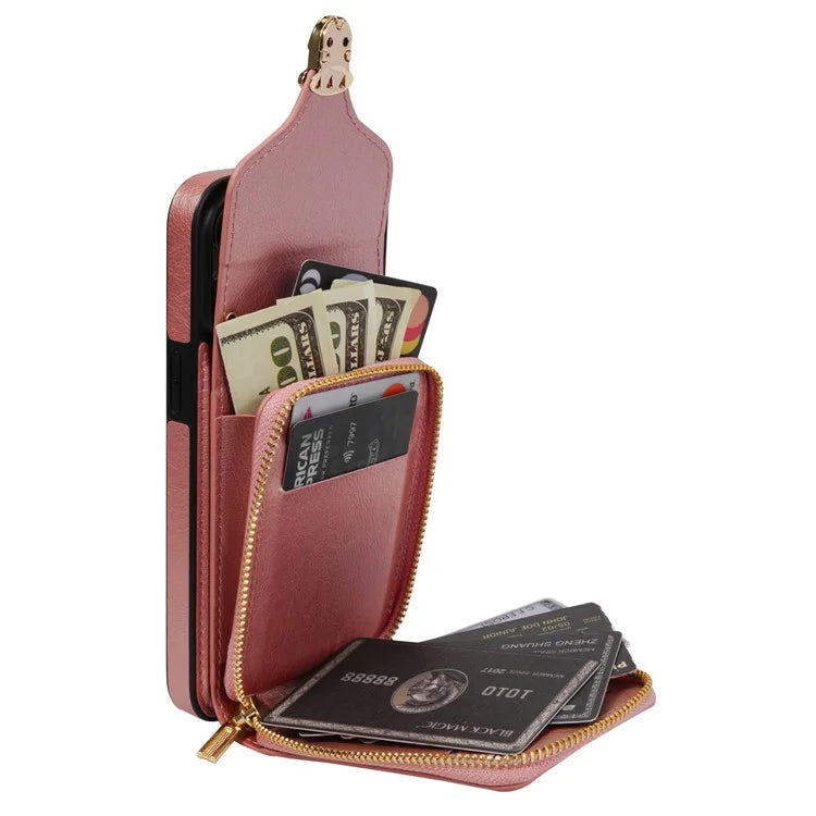 For iPhone 16 Pro Max Wallet Case Card Slots PU+TPU Phone Cover with Strap