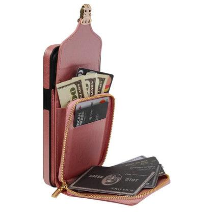 For iPhone 16 Pro Max Wallet Case Card Slots PU+TPU Phone Cover with Strap