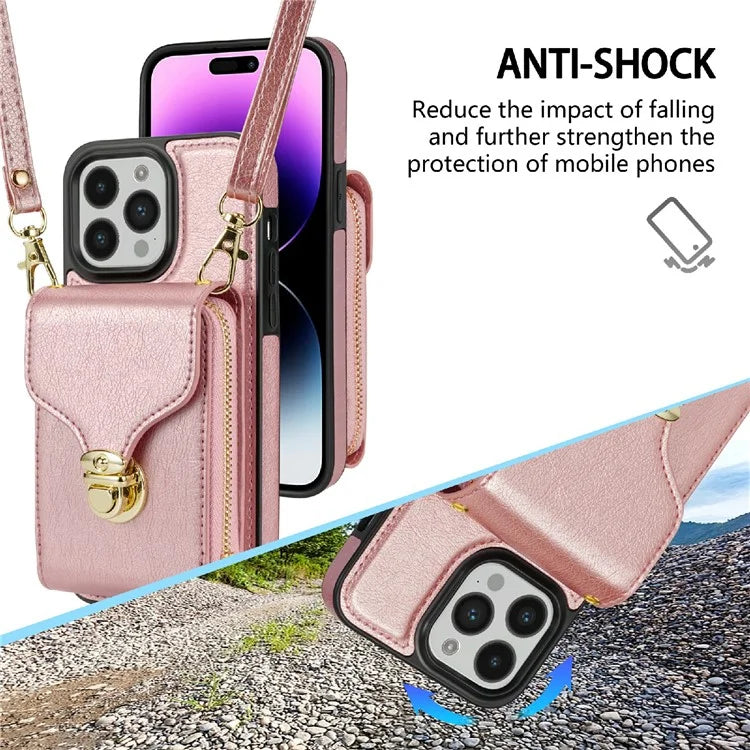 For iPhone 16 Pro Max Wallet Case Card Slots PU+TPU Phone Cover with Strap