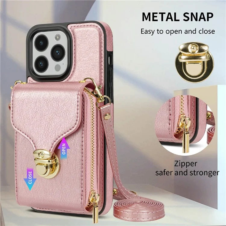 For iPhone 16 Pro Max Wallet Case Card Slots PU+TPU Phone Cover with Strap