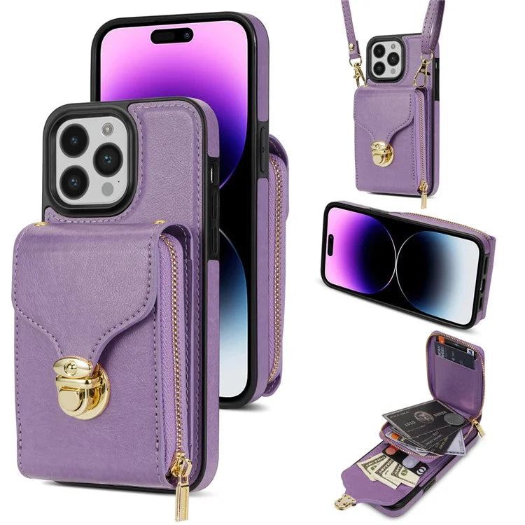 For iPhone 16 Pro Max Wallet Case Card Slots PU+TPU Phone Cover with Strap