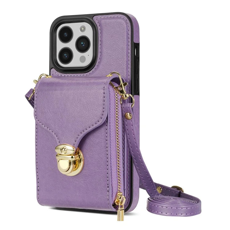 For iPhone 16 Pro Max Wallet Case Card Slots PU+TPU Phone Cover with Strap