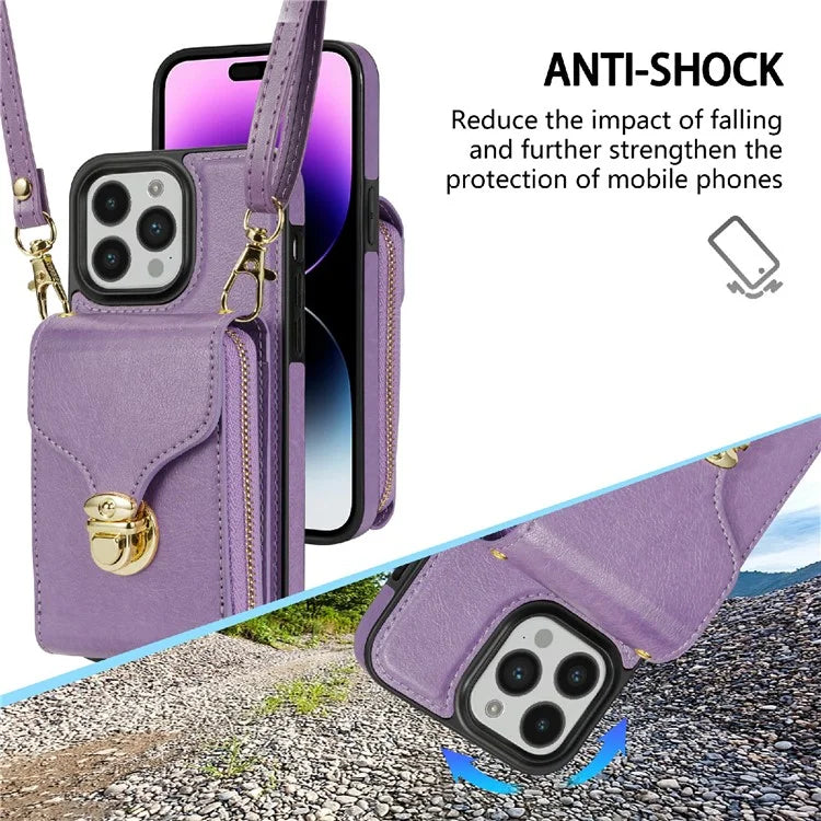 For iPhone 16 Pro Max Wallet Case Card Slots PU+TPU Phone Cover with Strap