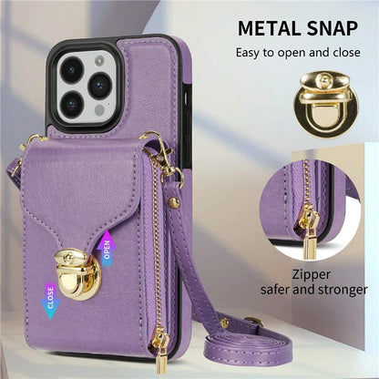 For iPhone 16 Pro Max Wallet Case Card Slots PU+TPU Phone Cover with Strap