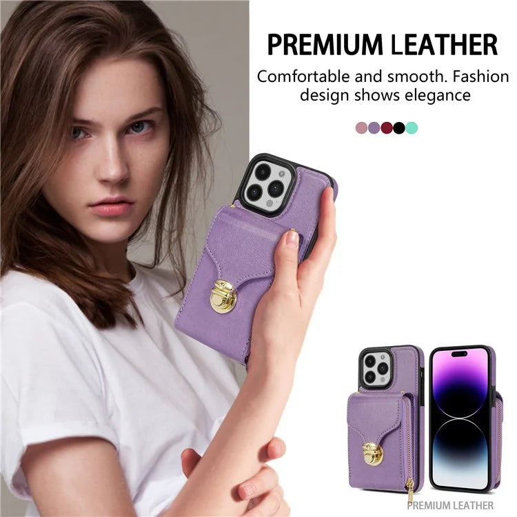 For iPhone 16 Pro Max Wallet Case Card Slots PU+TPU Phone Cover with Strap