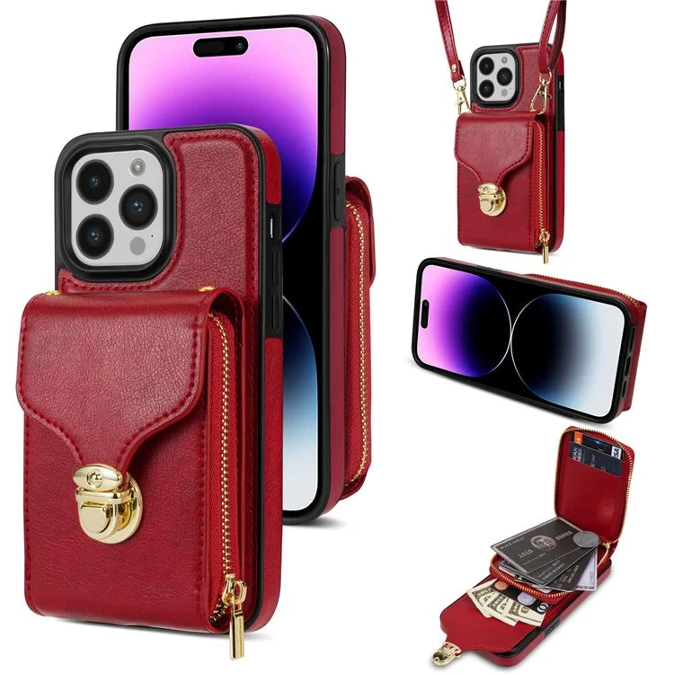 For iPhone 16 Pro Max Wallet Case Card Slots PU+TPU Phone Cover with Strap