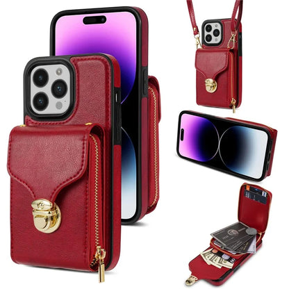 For iPhone 16 Pro Max Wallet Case Card Slots PU+TPU Phone Cover with Strap