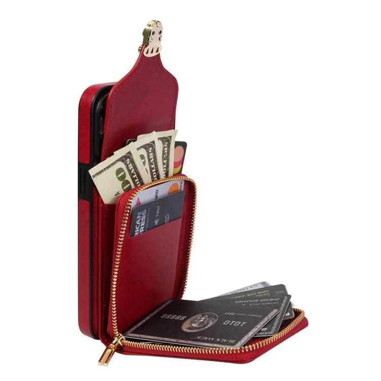 For iPhone 16 Pro Max Wallet Case Card Slots PU+TPU Phone Cover with Strap