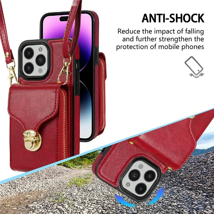 For iPhone 16 Pro Max Wallet Case Card Slots PU+TPU Phone Cover with Strap