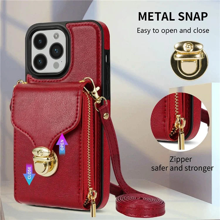 For iPhone 16 Pro Max Wallet Case Card Slots PU+TPU Phone Cover with Strap