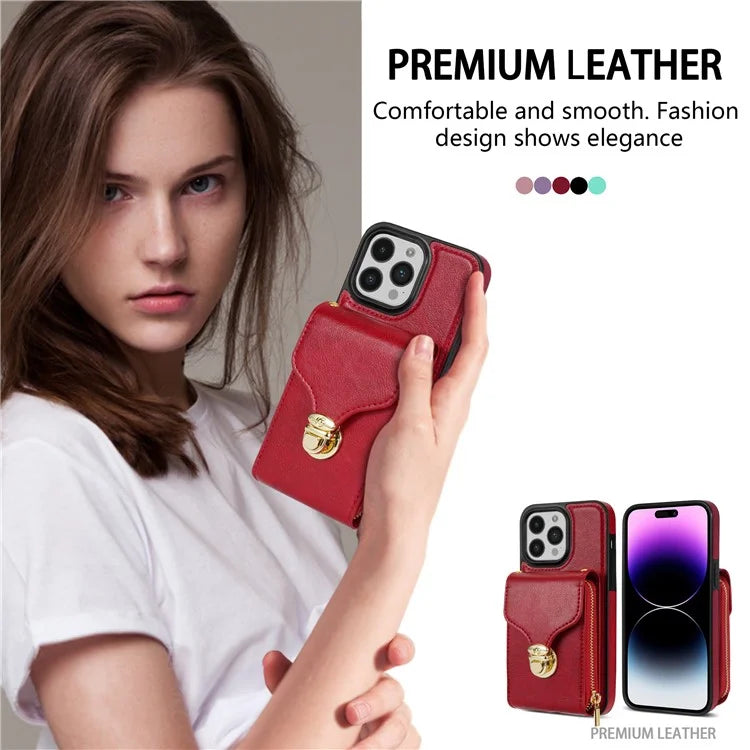 For iPhone 16 Pro Max Wallet Case Card Slots PU+TPU Phone Cover with Strap