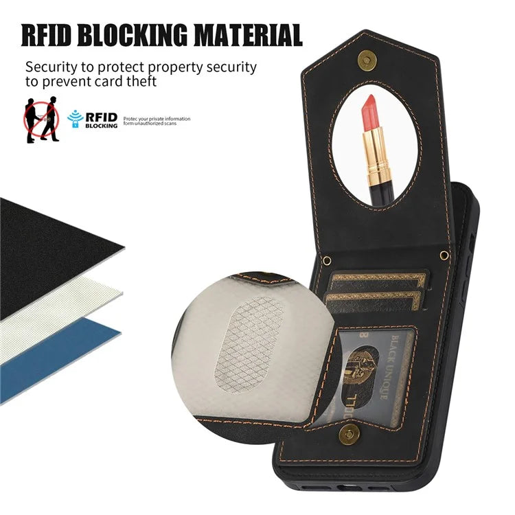 For iPhone 16 Pro Cover TPU Leather Phone Case RFID Blocking Hidden Mirror