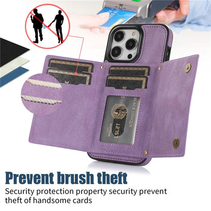 For iPhone 16 Pro Case Wallet RFID Blocking TPU Leather Phone Cover with Lanyard