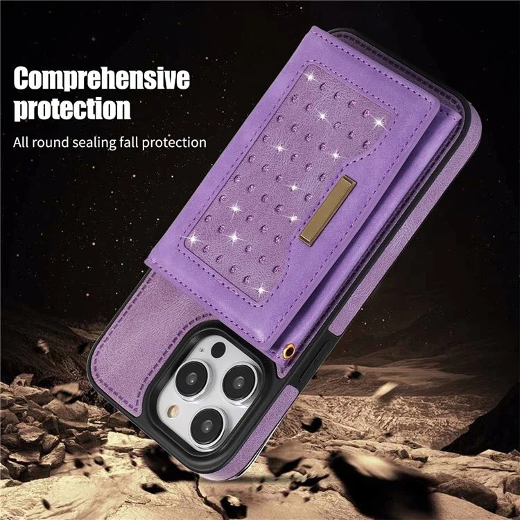 For iPhone 16 Pro Case Wallet RFID Blocking TPU Leather Phone Cover with Lanyard