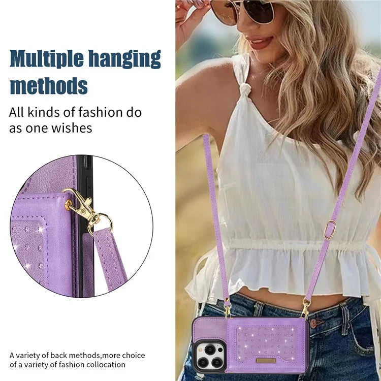 For iPhone 16 Pro Case Wallet RFID Blocking TPU Leather Phone Cover with Lanyard
