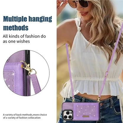 For iPhone 16 Pro Case Wallet RFID Blocking TPU Leather Phone Cover with Lanyard